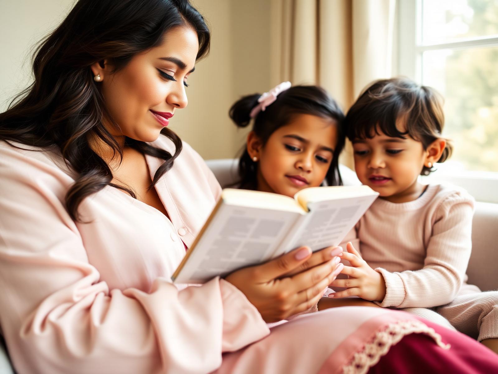 Madre e hijos leyendo la Biblia en un momento cálido en casa