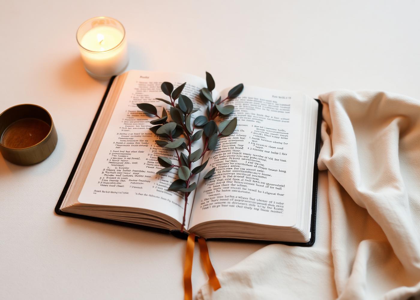 Biblia abierta con eucalipto y una vela